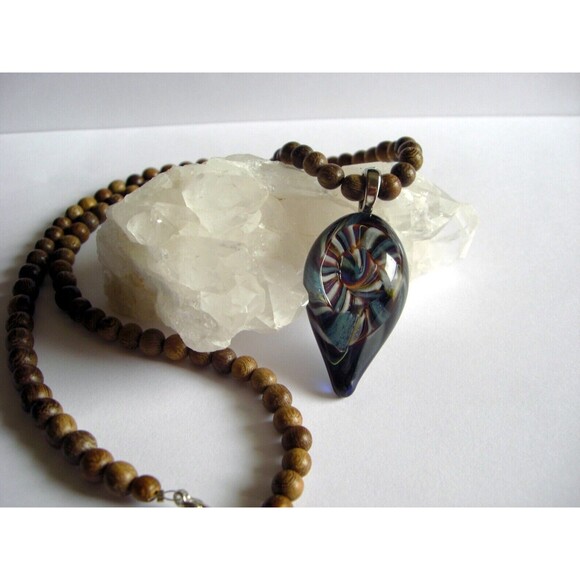 Handblown Glass Pendant On 20” Wooden Bead Necklace Boho Style Artisan Made 2008 - Picture 13 of 16